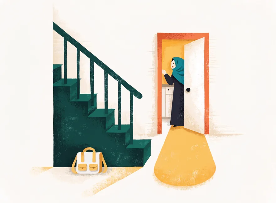 A mother calls from the kitchen doorway toward the stairs