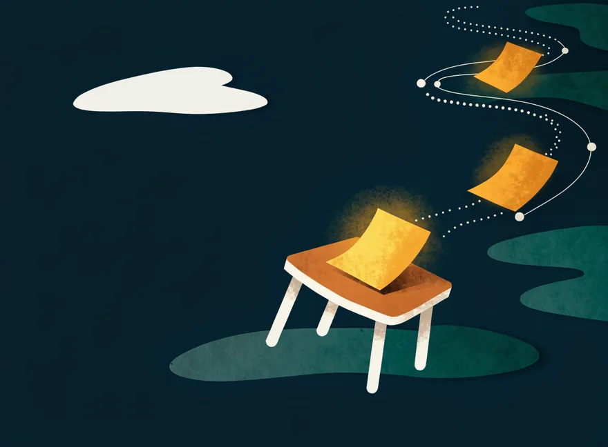 One glowing note lands on a small desk while two fly away