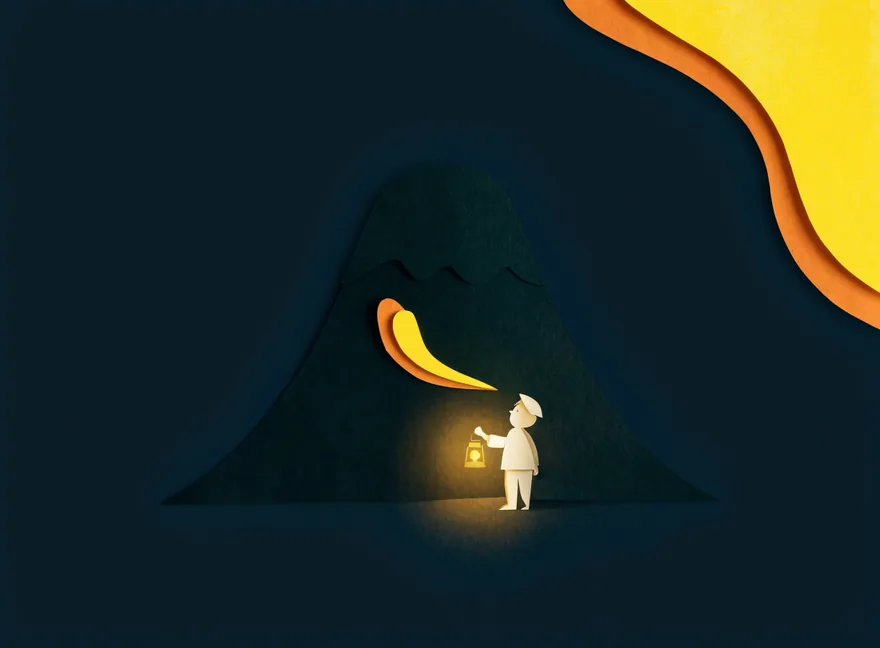 A tiny child with a lantern before a huge dark mountain