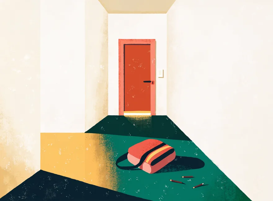 A closed bedroom door with a dropped school bag in the hallway