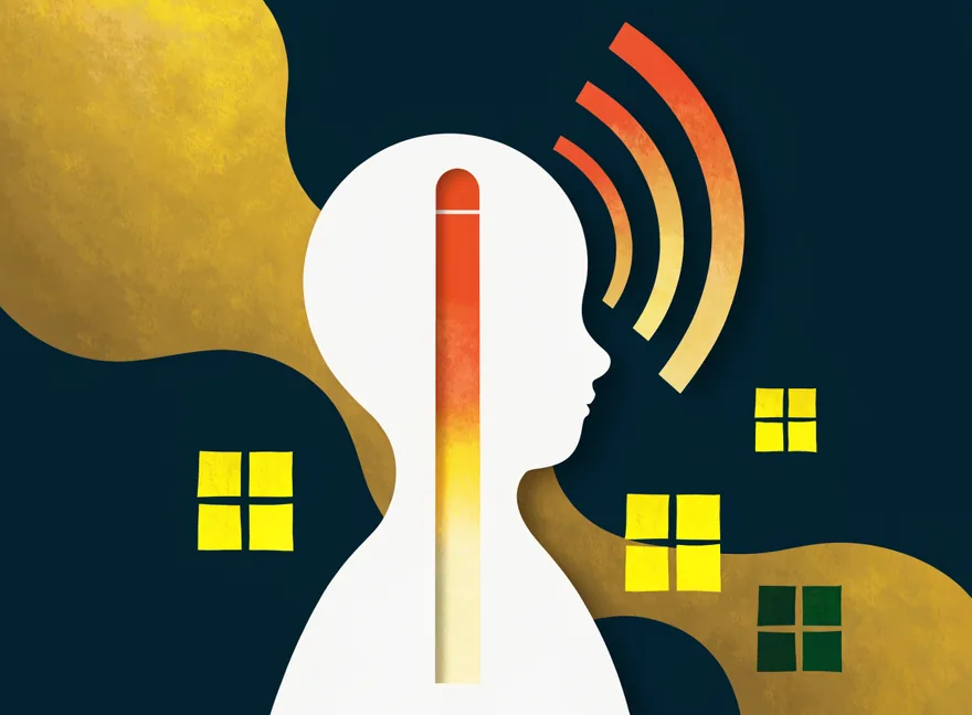 A thermometer rising inside a child silhouette as lights switch off